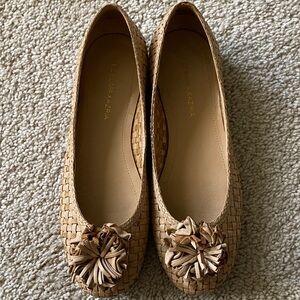 BCBGMaxAzria Tan Woven Flats with Tassel Pom Detail